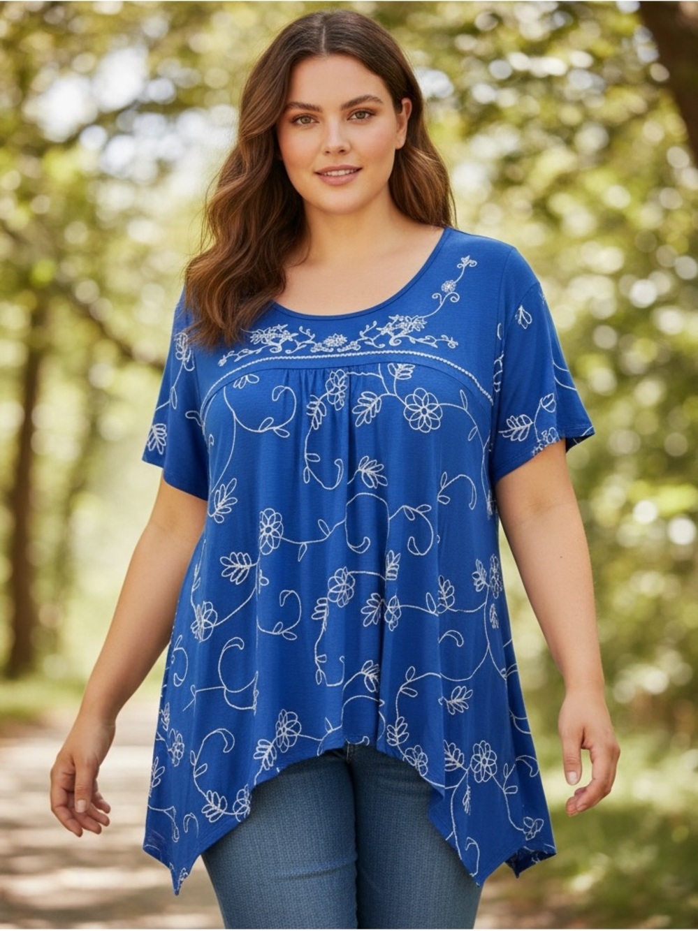 Liv Los Angeles Floral Embroidered Blue Top size 2X NWT